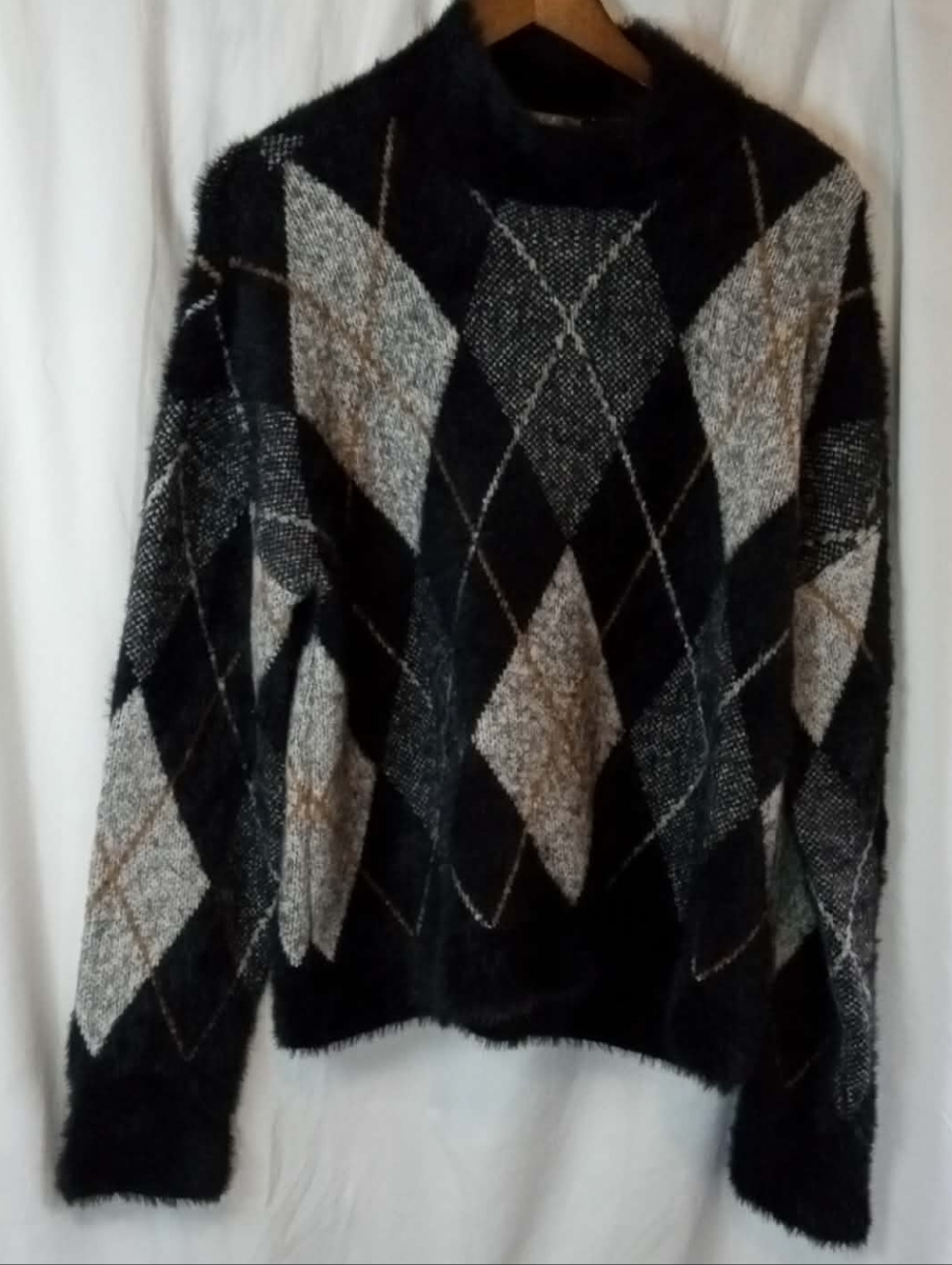 Marled Black Gray Argyle Fuzzy Knit Sweater Super Soft Large Office Cozy Retro